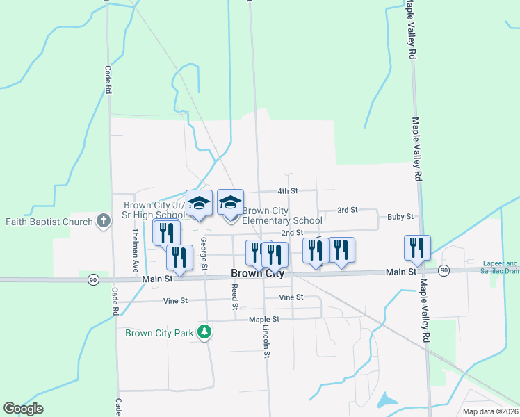 map of restaurants, bars, coffee shops, grocery stores, and more near 6842 Saint Marys Street in Brown City