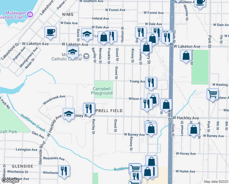 map of restaurants, bars, coffee shops, grocery stores, and more near 2075 Dowd Street in Muskegon