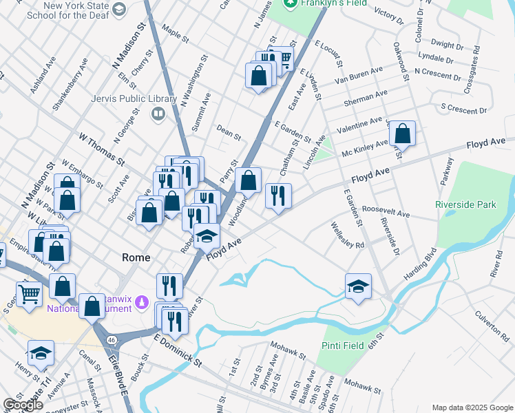 map of restaurants, bars, coffee shops, grocery stores, and more near 219 East Bloomfield Street in Rome