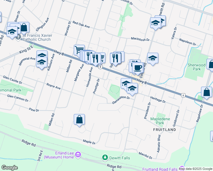 map of restaurants, bars, coffee shops, grocery stores, and more near 51 Dynasty Place in Hamilton
