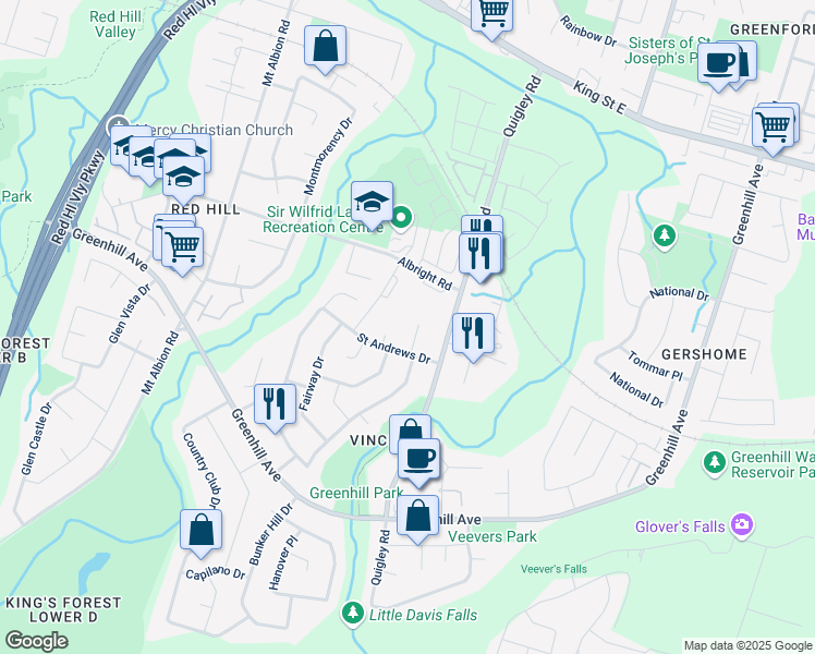 map of restaurants, bars, coffee shops, grocery stores, and more near 10 Saint Andrews Drive in Hamilton