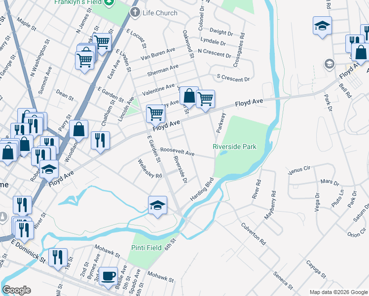 map of restaurants, bars, coffee shops, grocery stores, and more near 823 Roosevelt Avenue in Rome