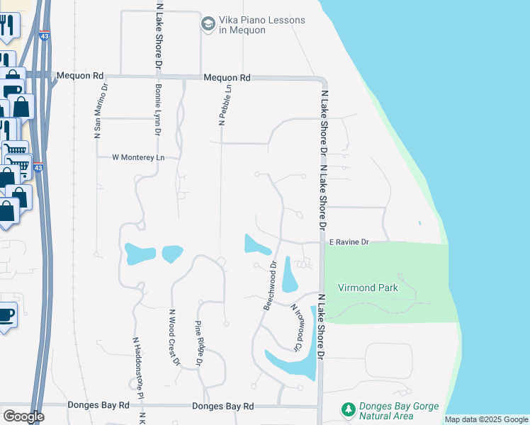 map of restaurants, bars, coffee shops, grocery stores, and more near 10818 North Ravine Court in Mequon