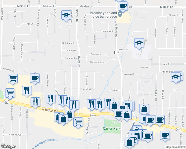 map of restaurants, bars, coffee shops, grocery stores, and more near 63 Creekwood Drive in Rochester