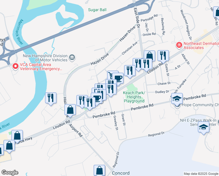 map of restaurants, bars, coffee shops, grocery stores, and more near 129 Loudon Road in Concord