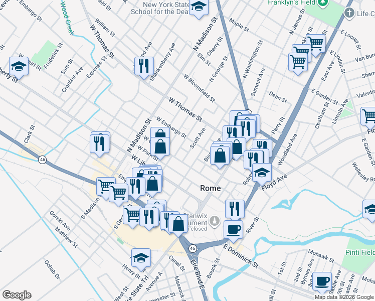 map of restaurants, bars, coffee shops, grocery stores, and more near 313 Scott Avenue in Rome