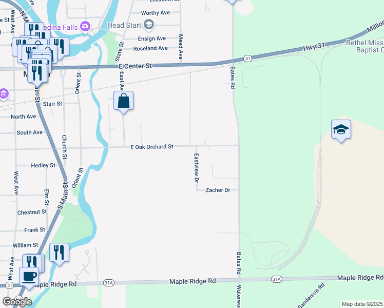 map of restaurants, bars, coffee shops, grocery stores, and more near 106 Eastview Drive in Medina