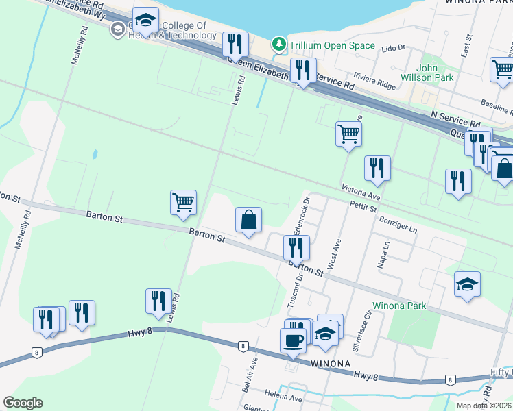 map of restaurants, bars, coffee shops, grocery stores, and more near 1290 Arvin Avenue in Hamilton