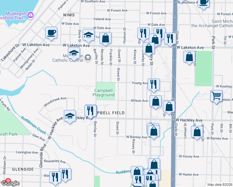 map of restaurants, bars, coffee shops, grocery stores, and more near 2075 Dowd Street in Muskegon