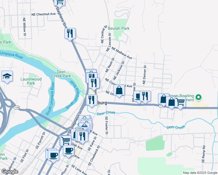 map of restaurants, bars, coffee shops, grocery stores, and more near 444 Northeast Atlanta Street in Roseburg
