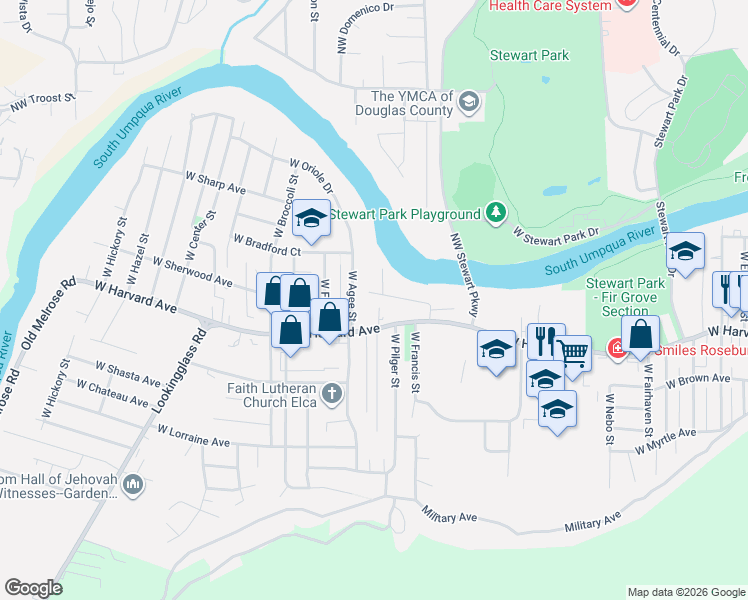 map of restaurants, bars, coffee shops, grocery stores, and more near 467 West Agee Street in Roseburg