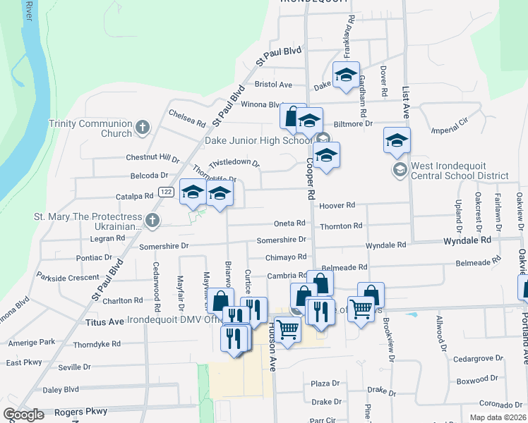 map of restaurants, bars, coffee shops, grocery stores, and more near 92 Oneta Road in Rochester
