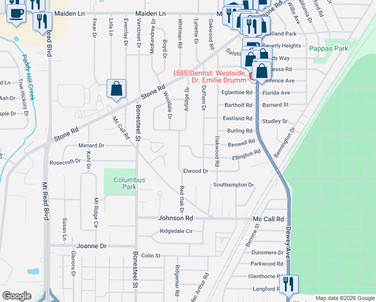 map of restaurants, bars, coffee shops, grocery stores, and more near 280 Elwood Drive in Rochester