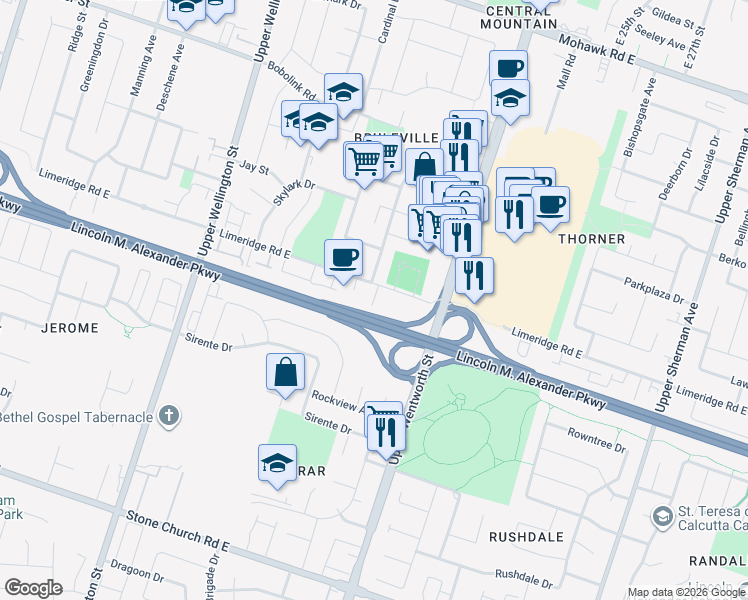 map of restaurants, bars, coffee shops, grocery stores, and more near 19 Donegel Place in Hamilton