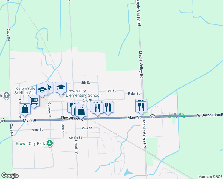 map of restaurants, bars, coffee shops, grocery stores, and more near 4111 3rd Street in Brown City