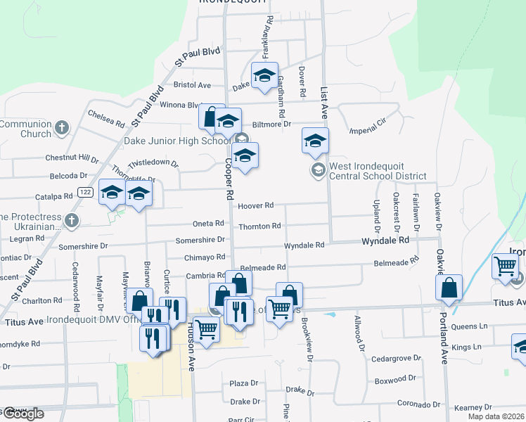 map of restaurants, bars, coffee shops, grocery stores, and more near 67 Hoover Rd in Rochester