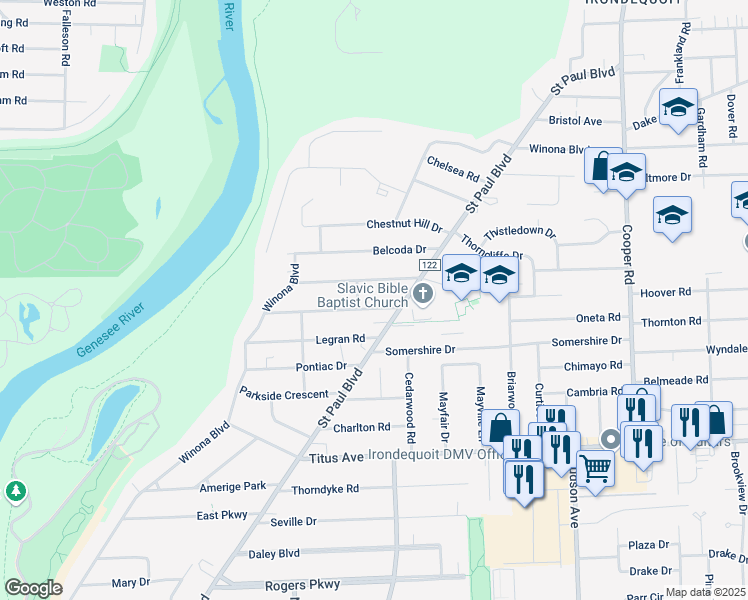 map of restaurants, bars, coffee shops, grocery stores, and more near 146 Leland Road in Rochester