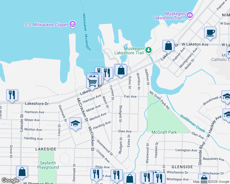 map of restaurants, bars, coffee shops, grocery stores, and more near 1907 Harrison Avenue in Muskegon
