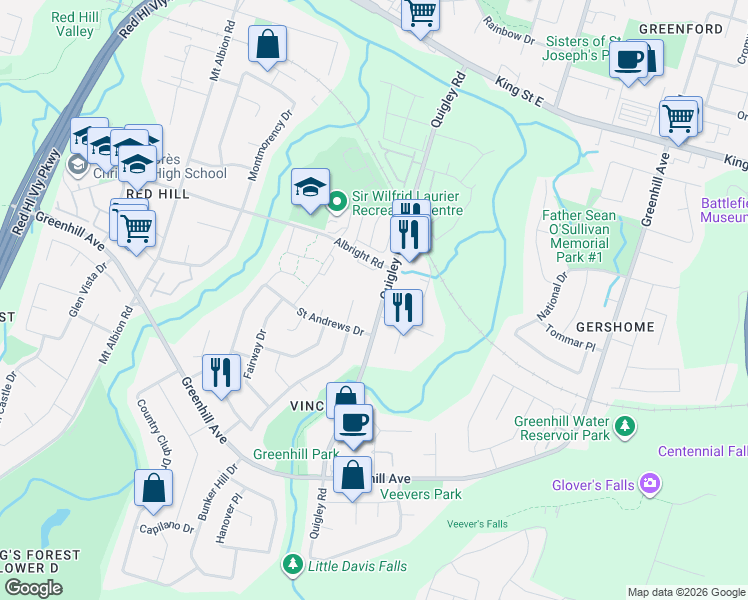 map of restaurants, bars, coffee shops, grocery stores, and more near 11 Tindale Court in Hamilton