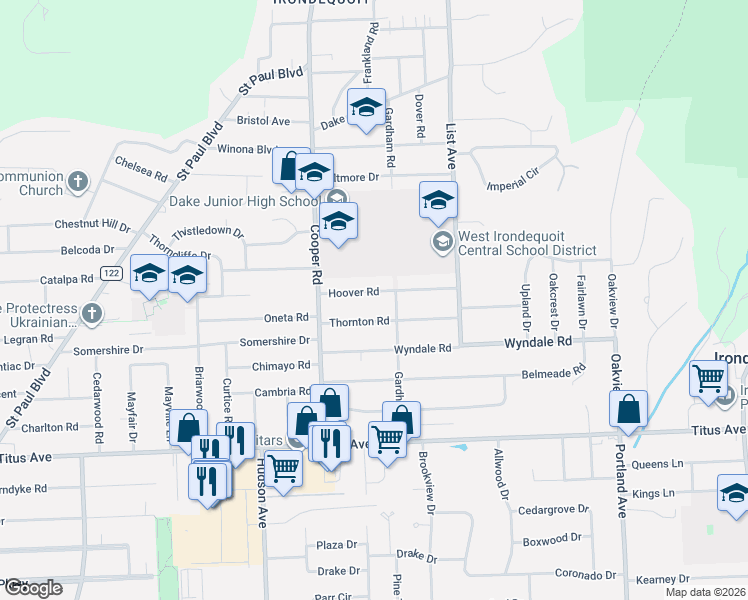 map of restaurants, bars, coffee shops, grocery stores, and more near 67 Hoover Road in Rochester