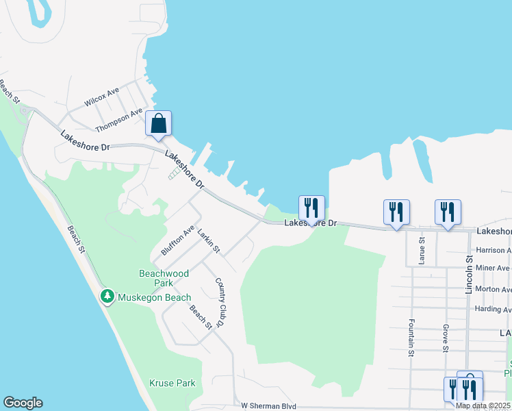 map of restaurants, bars, coffee shops, grocery stores, and more near 2964 Lakeshore Drive in Muskegon