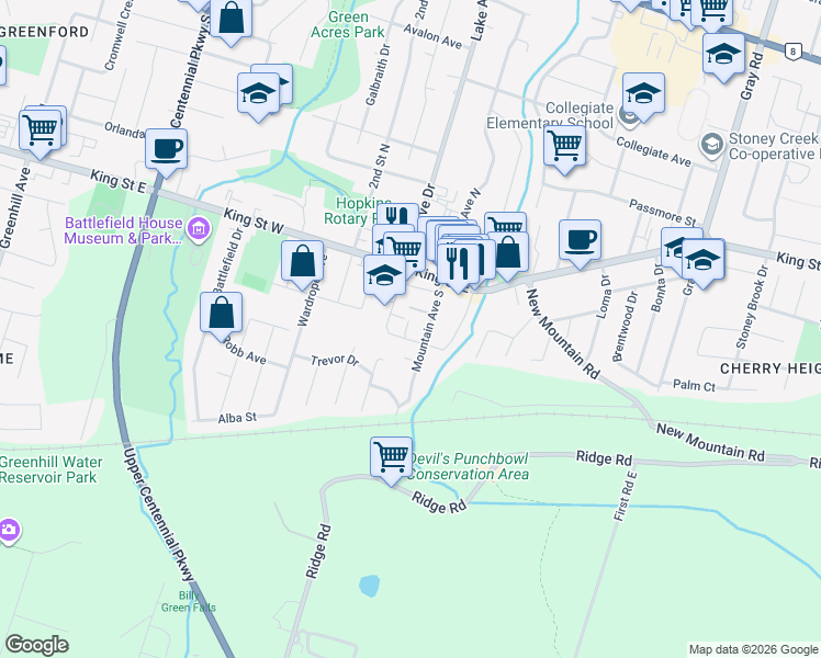 map of restaurants, bars, coffee shops, grocery stores, and more near 5 Maple Avenue in Hamilton