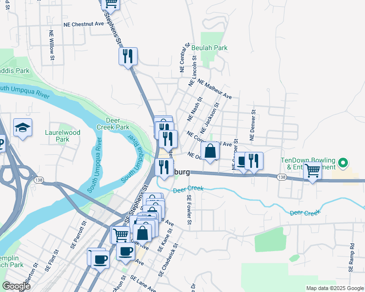 map of restaurants, bars, coffee shops, grocery stores, and more near 411 Northeast Nash Street in Roseburg