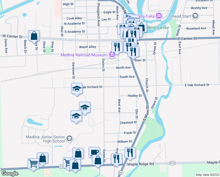 map of restaurants, bars, coffee shops, grocery stores, and more near 219 West Oak Orchard Street in Medina