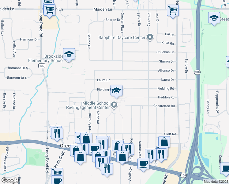 map of restaurants, bars, coffee shops, grocery stores, and more near 309 Fielding Road in Rochester
