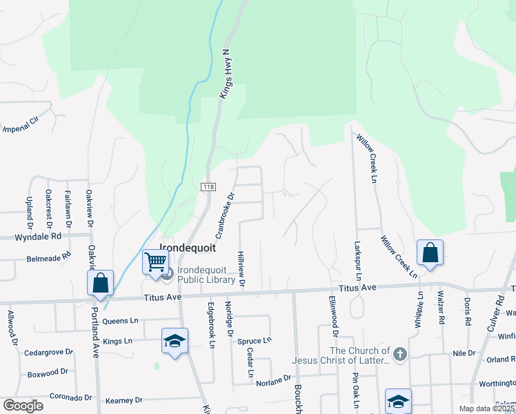 map of restaurants, bars, coffee shops, grocery stores, and more near 237 Hillview Drive in Rochester