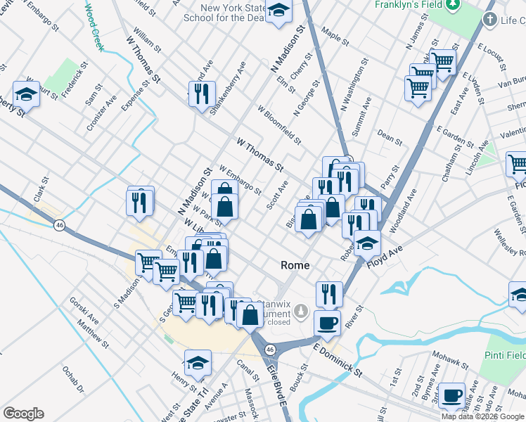 map of restaurants, bars, coffee shops, grocery stores, and more near 313 Scott Avenue in Rome