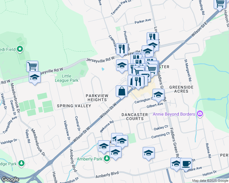 map of restaurants, bars, coffee shops, grocery stores, and more near 109 Wilson Street West in Hamilton