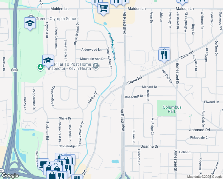 map of restaurants, bars, coffee shops, grocery stores, and more near 19 Brownstone Lane in Rochester