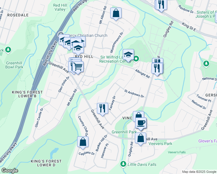 map of restaurants, bars, coffee shops, grocery stores, and more near 148 Saint Andrews Drive in Hamilton