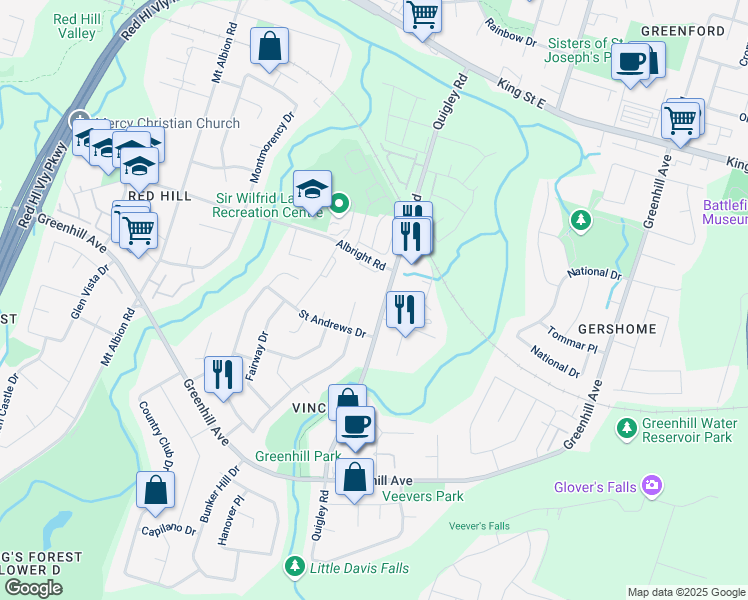 map of restaurants, bars, coffee shops, grocery stores, and more near 240 Quigley Road in Hamilton