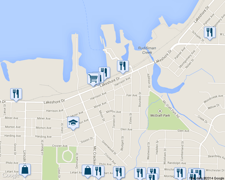 map of restaurants, bars, coffee shops, grocery stores, and more near 1907 Harrison Avenue in Muskegon