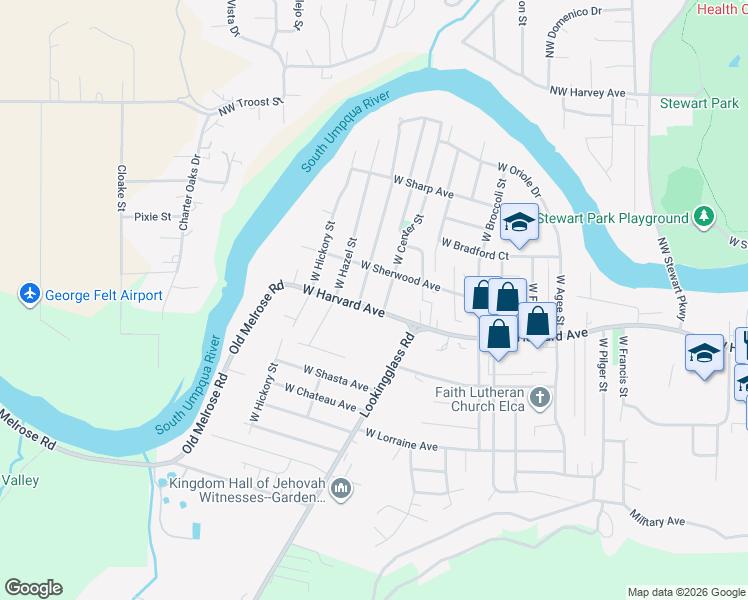 map of restaurants, bars, coffee shops, grocery stores, and more near 3148 West Harvard Avenue in Roseburg