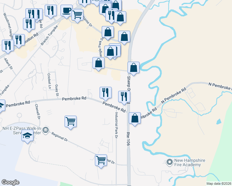 map of restaurants, bars, coffee shops, grocery stores, and more near 185 Pembroke Road in Concord