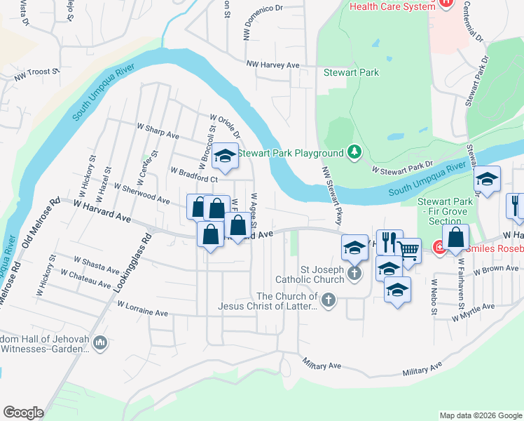 map of restaurants, bars, coffee shops, grocery stores, and more near 467 West Agee Street in Roseburg