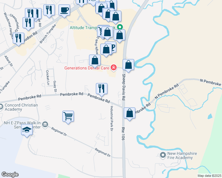 map of restaurants, bars, coffee shops, grocery stores, and more near 185 Pembroke Road in Concord