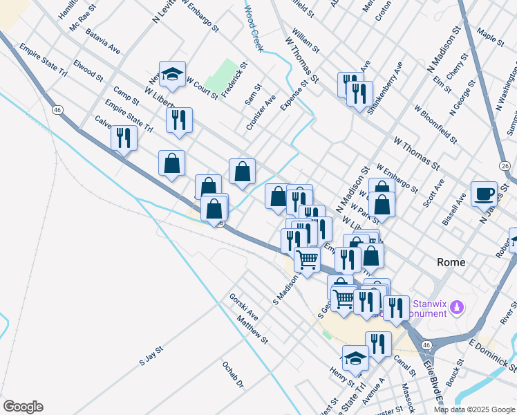 map of restaurants, bars, coffee shops, grocery stores, and more near 108 Arsenal Square in Rome
