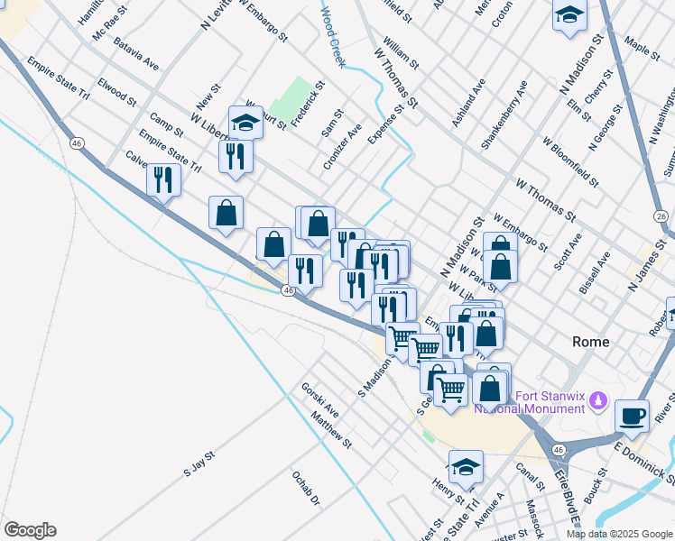 map of restaurants, bars, coffee shops, grocery stores, and more near 108 Arsenal Square in Rome