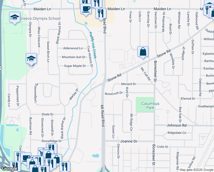 map of restaurants, bars, coffee shops, grocery stores, and more near 236 Menard Drive in Rochester