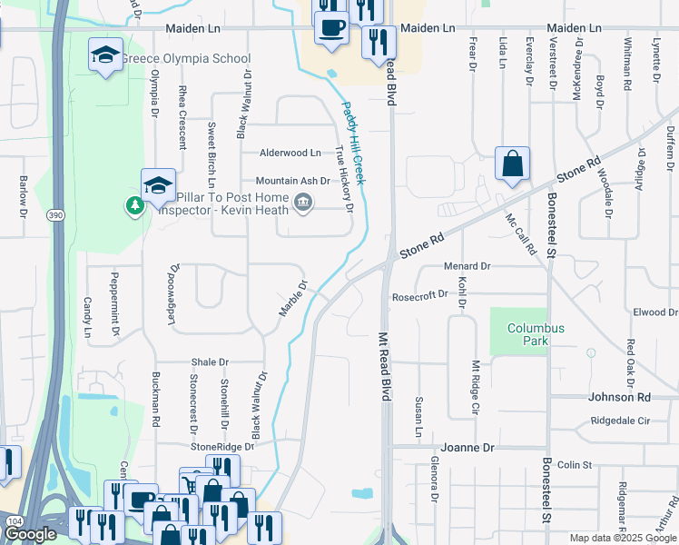 map of restaurants, bars, coffee shops, grocery stores, and more near 19 Brownstone Lane in Rochester