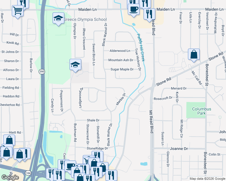 map of restaurants, bars, coffee shops, grocery stores, and more near 400 Black Walnut Drive in Rochester