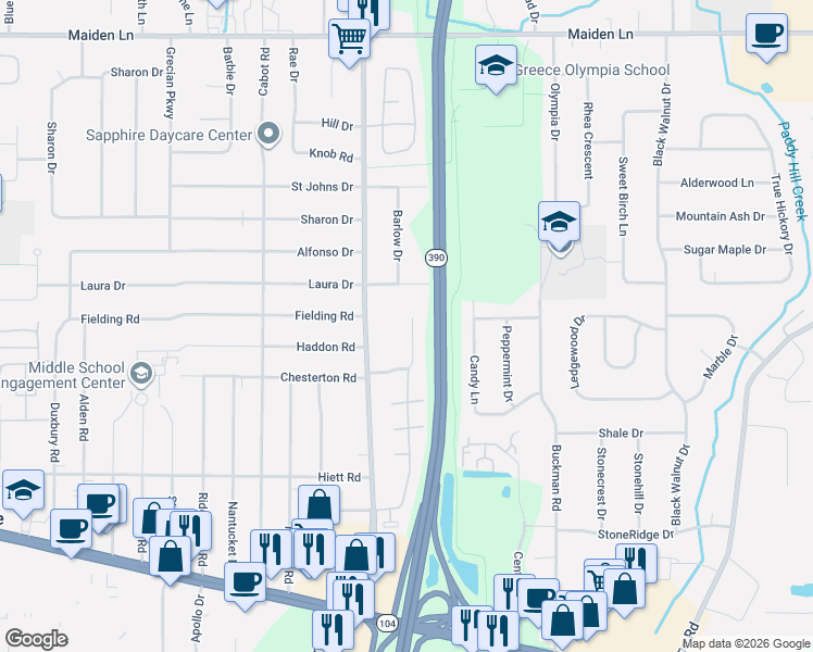 map of restaurants, bars, coffee shops, grocery stores, and more near 29 Kingsberry Drive in Rochester