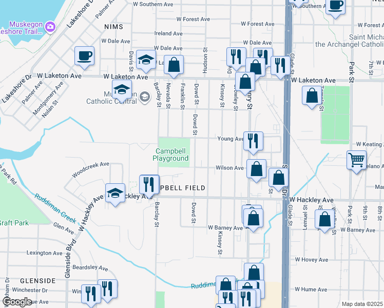 map of restaurants, bars, coffee shops, grocery stores, and more near 2075 Dowd Street in Muskegon