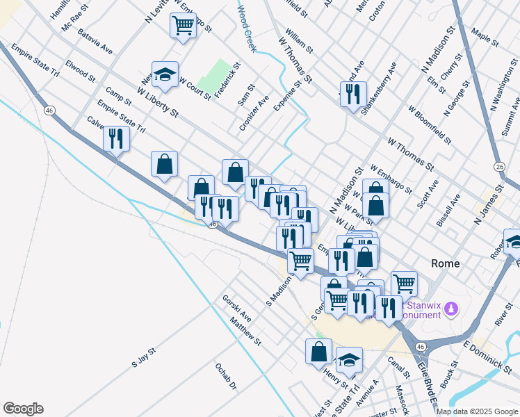 map of restaurants, bars, coffee shops, grocery stores, and more near 108 Arsenal Square in Rome