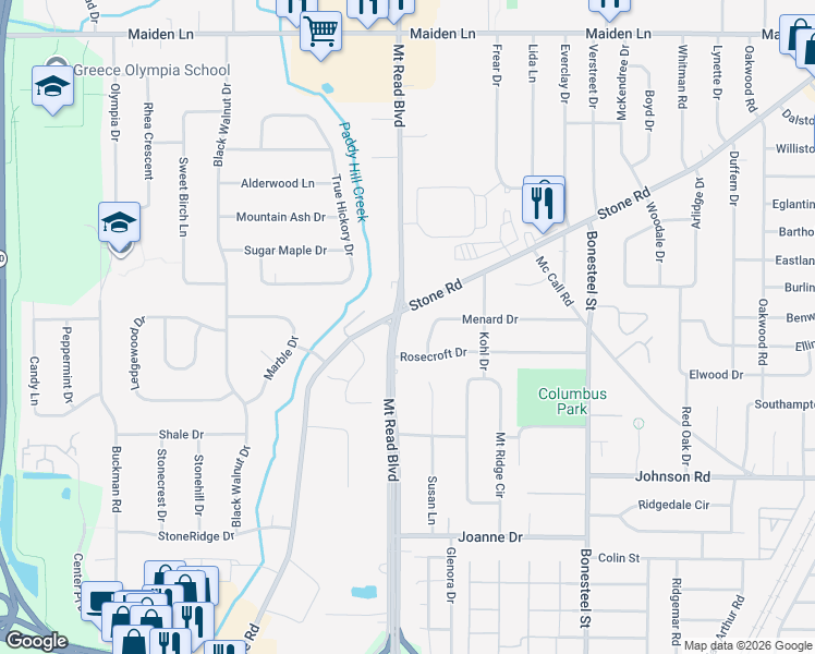 map of restaurants, bars, coffee shops, grocery stores, and more near 236 Menard Drive in Rochester