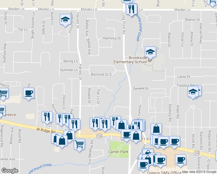 map of restaurants, bars, coffee shops, grocery stores, and more near 160 Creekwood Drive in Rochester